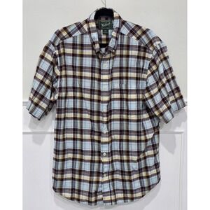 Woolrich‎ Plaid Short Sleeve Button Up Shirt Mens Size L Blue Brown Yellow
